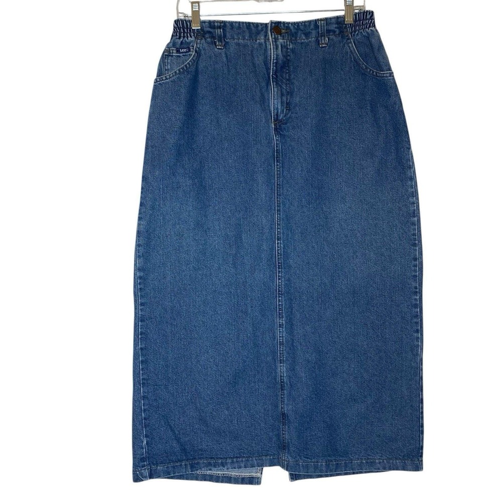 Vintage Midi Jean Skirt 16 Blue Denim Elastic Waist Slit Retro Modest Grunge